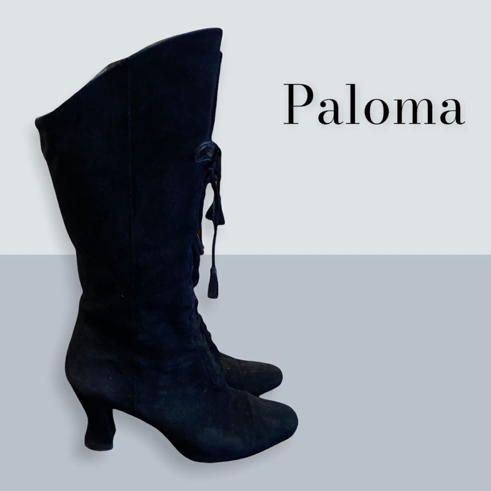 Paloma Black Suede Leather Woven Heeled Boots 5